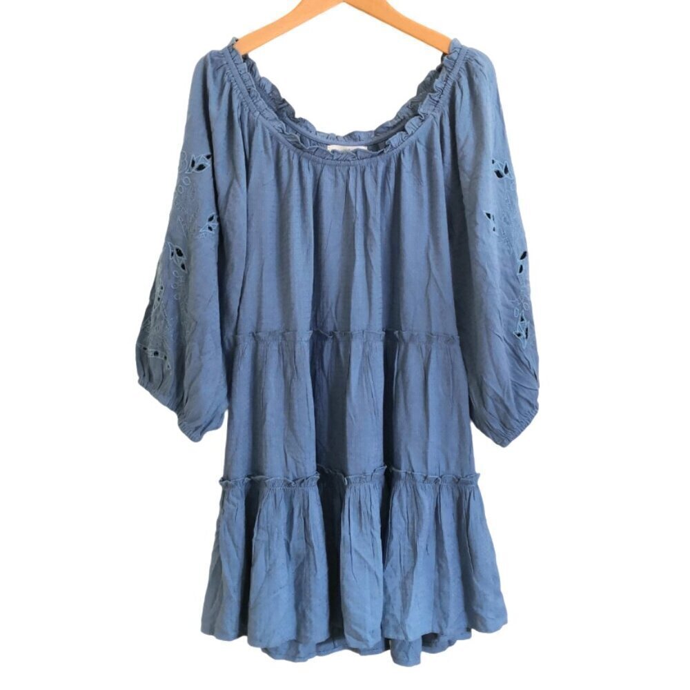 Aveology Embroidered Long Sleeve Tiered Mini‎ Dress In Blue Size 16
